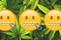 Emoji's with zipped mouth representing Tourette's on cannabis leaf background